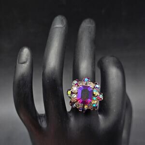 Red Aurora Borealis Rhinestone Ring Size 7.25 Adjustable Patent Pending Vintage